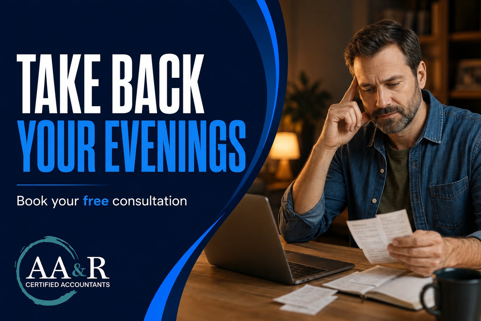 AA&R small business bookkeeping: Take back your evenings, with a business owner reviewing receipts beside a laptop.